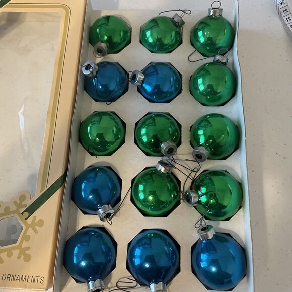 Vintage Pyramid Christmas Ornaments One Box of 15 Blue Green Glass Bulbs 2” - Picture 2 of 10